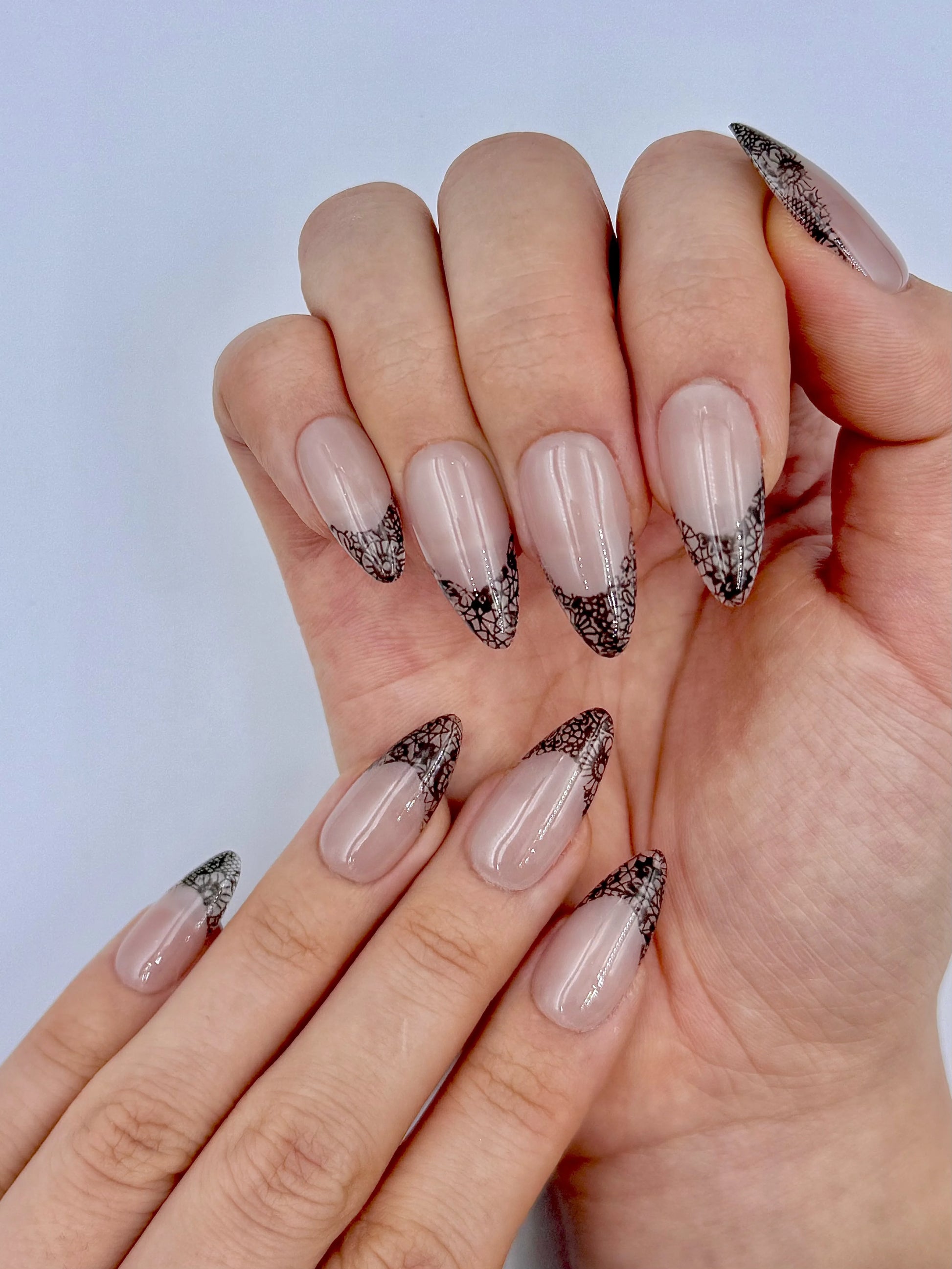 Unique Sexy Black Lace Nude French Tip Almond Press-On Nails for Valentine's and Everyday Soft Glam, Reusable & Long-Lasting False Nail Flakes | Secure The Nails
