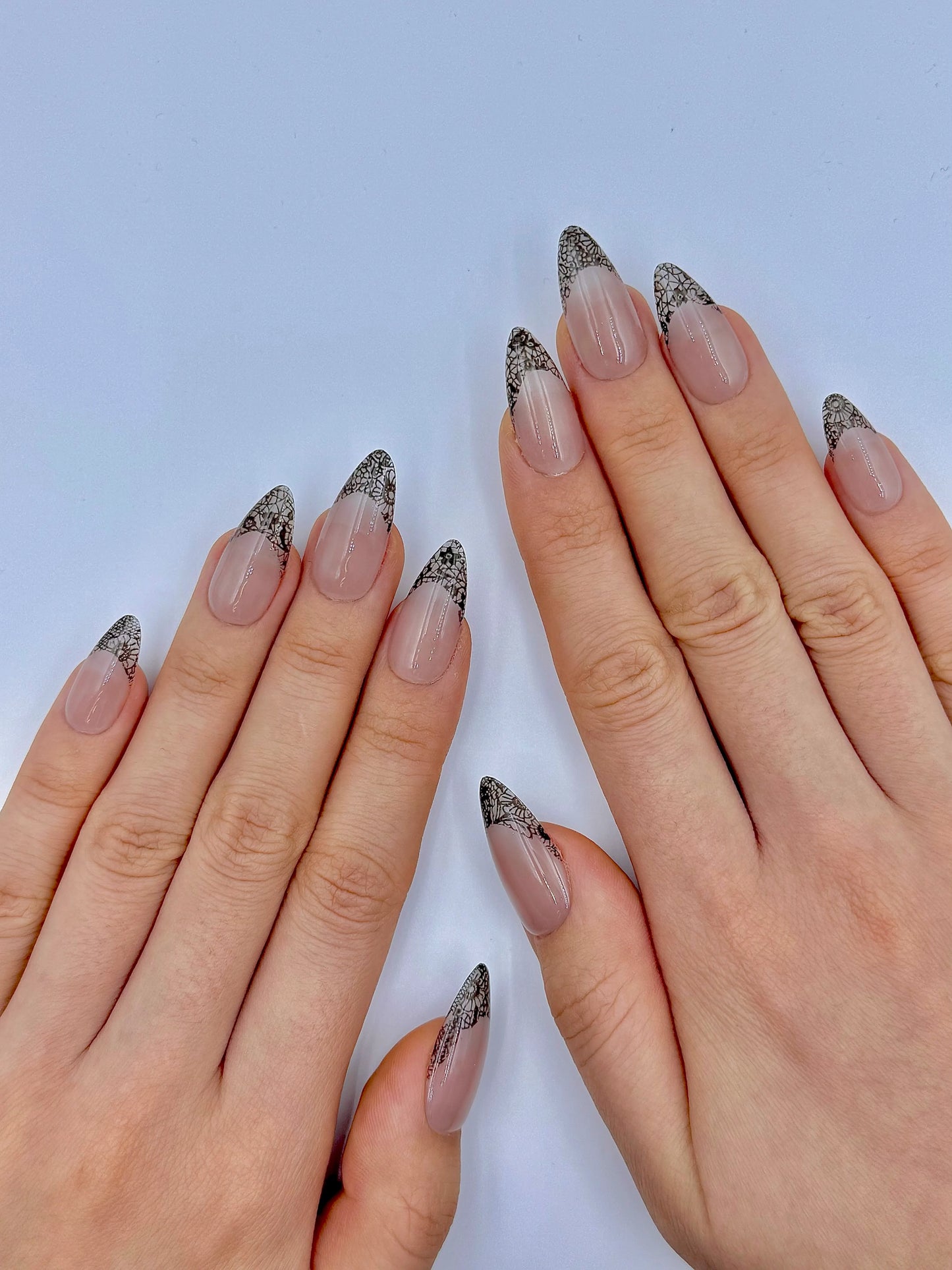 Valentine's Sexy Black Lace Nude French Tip Almond Press-On Nails for Everyday Soft Glam, Reusable & Long-Lasting False Nail Flakes, 2026 Unique Nail Design Trend| Secure The Nails