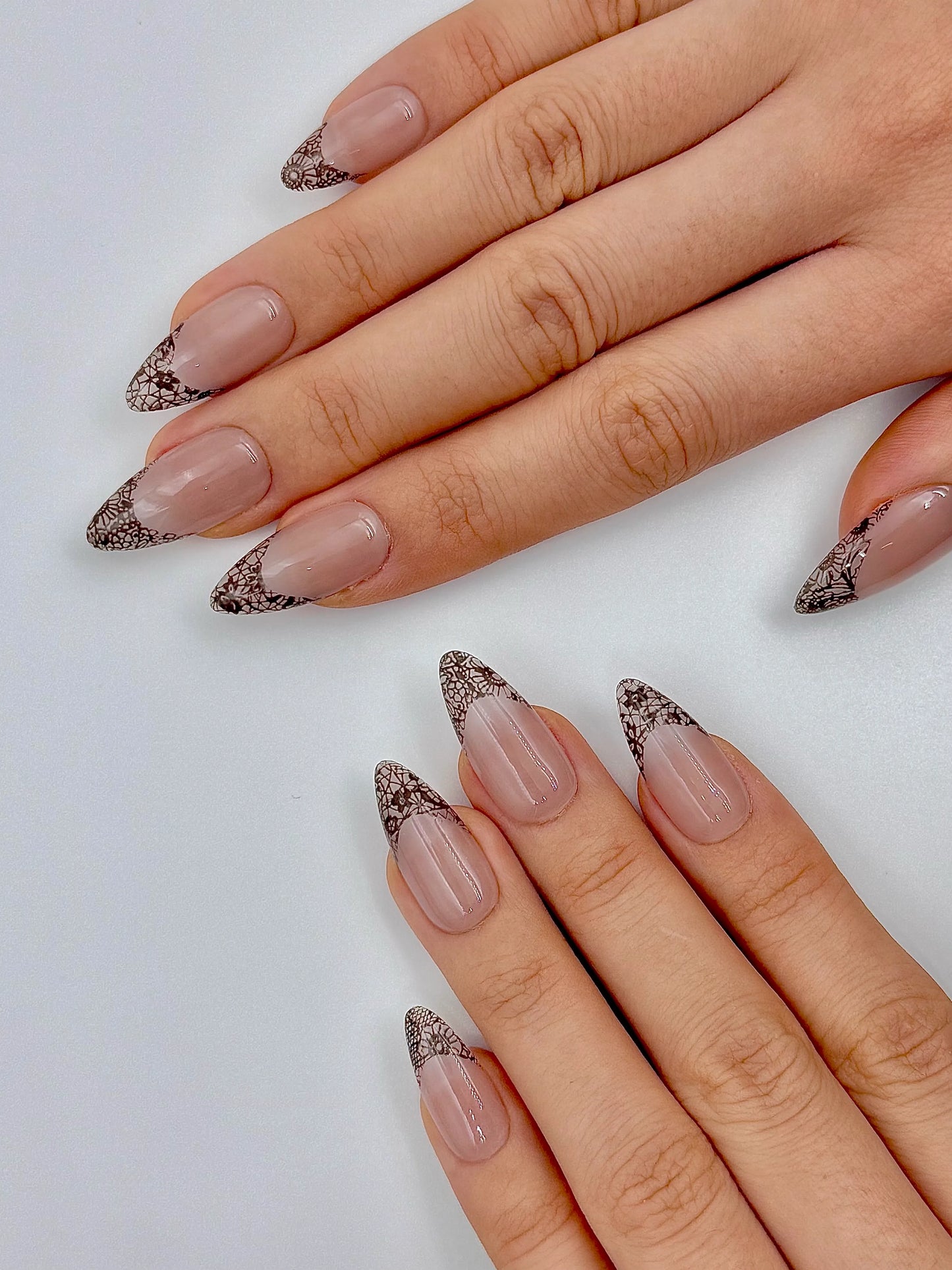 Unique Valentine's Sexy Black Lace Nude French Tip Almond Press-On Nails for Everyday Soft Glam, Reusable & Long-Lasting False Nail Flakes, 2026 Nail Art Design| Secure The Nails