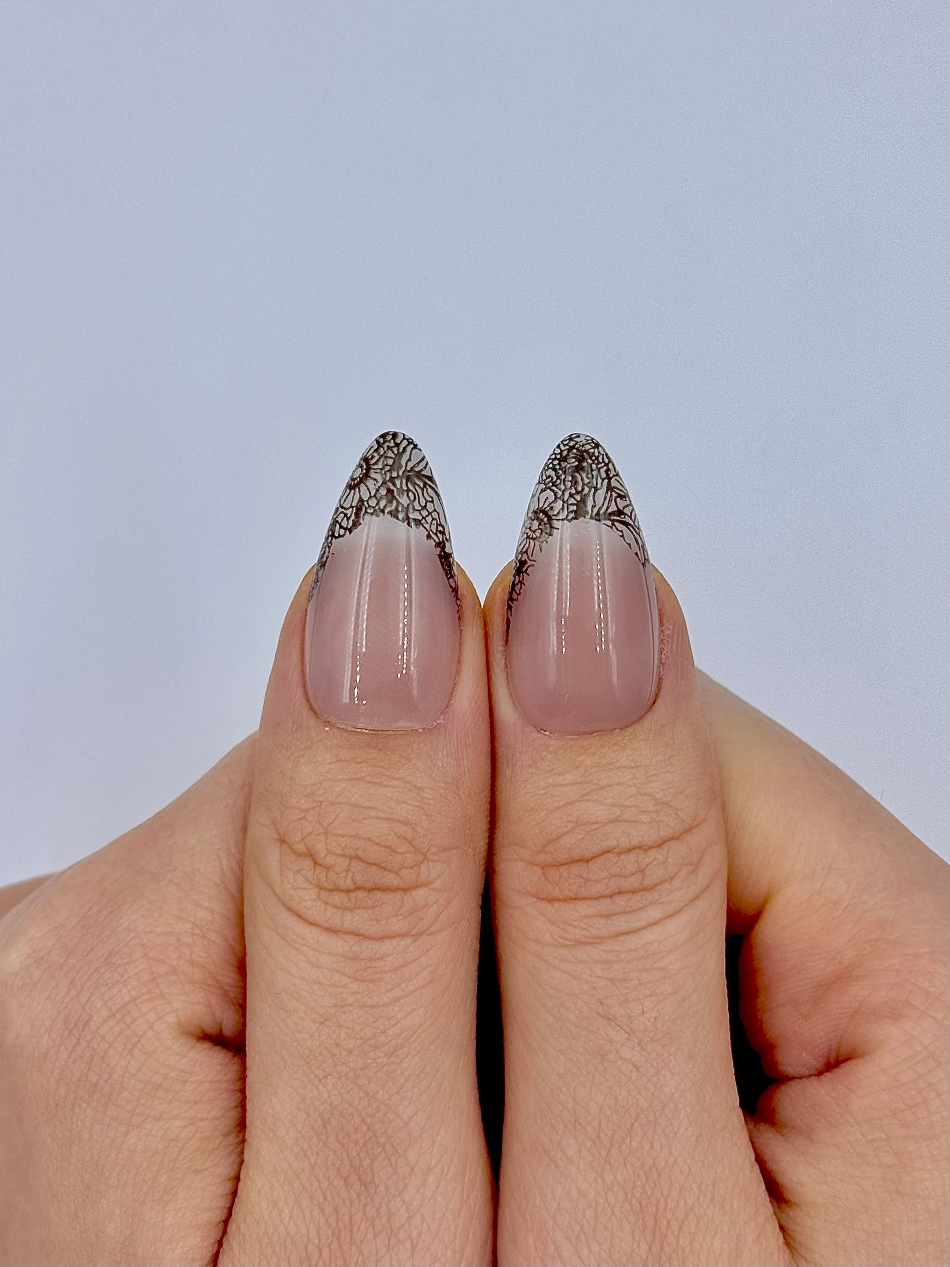 Unique Sexy Valentine's Black Lace Nude French Tip Almond Press-On Nails, Reusable & Long-Lasting False Nail Flakes| Secure The Nails