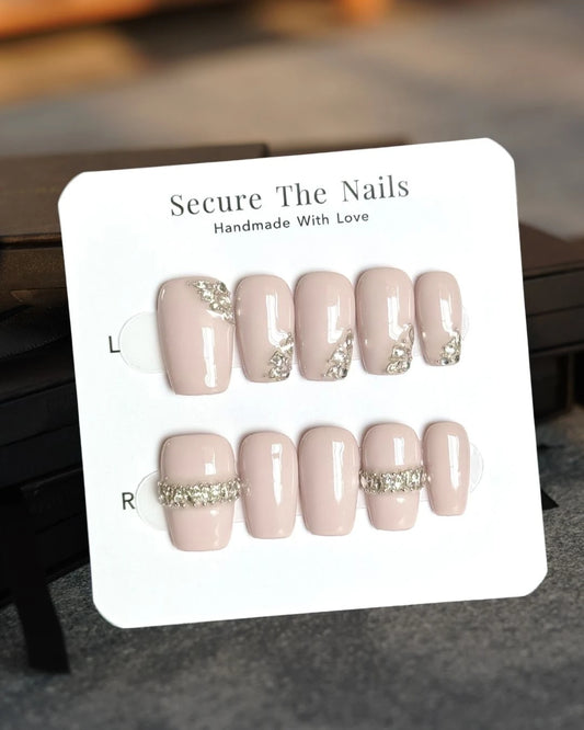 Soft Pink Nude Medium Square Coffin Press-On Nails with Shiny Crystal Design