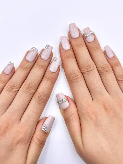 Soft Muted Baby Pink Nude Medium Square Coffin Designer Press-On Nails with Crystal Jewelry Embellishment