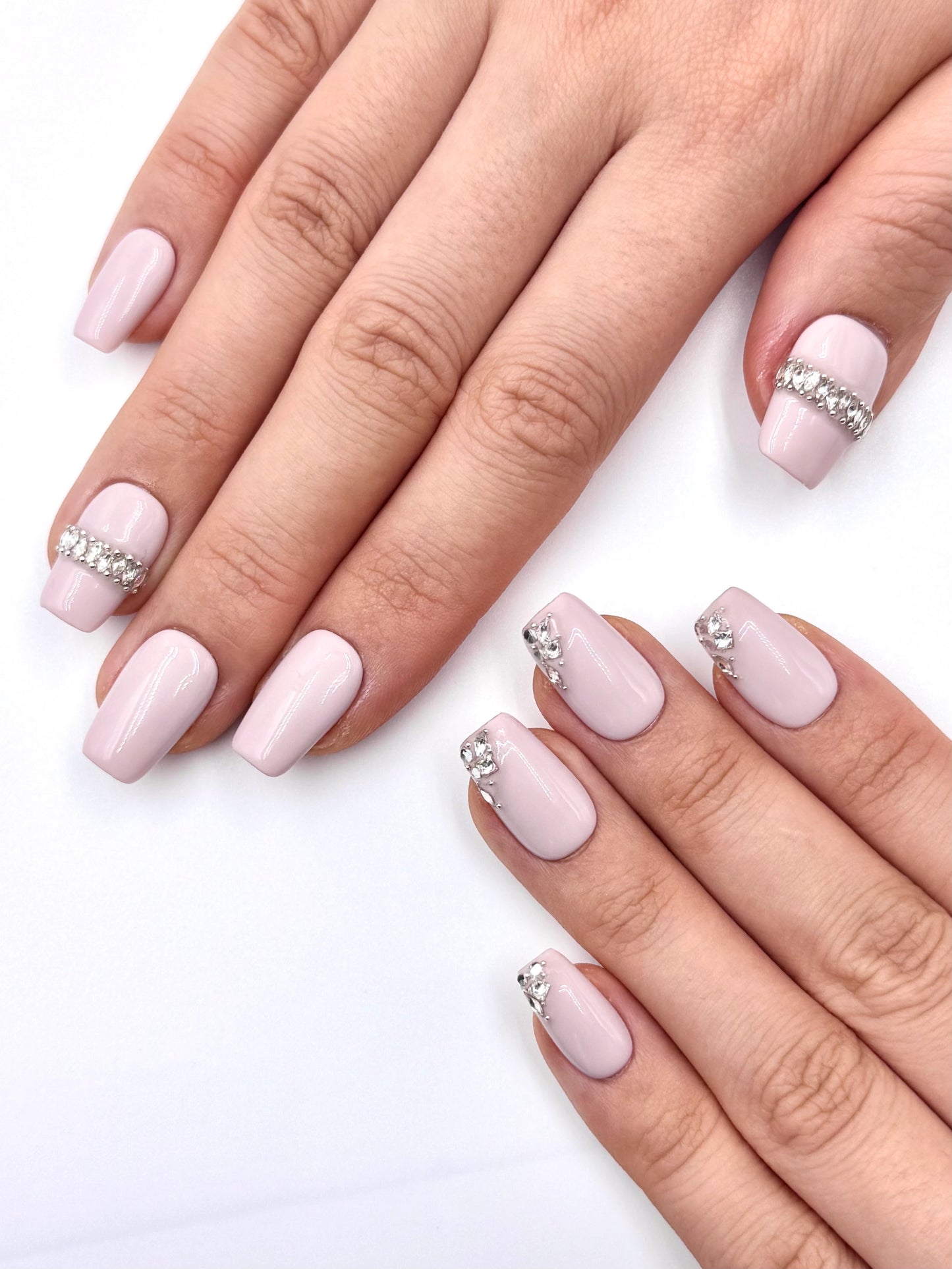 Soft Muted Baby Pink Nude Medium Square Coffin Press-On Nails with Crystal Jewelry, Royal Princess Nail Art Design
