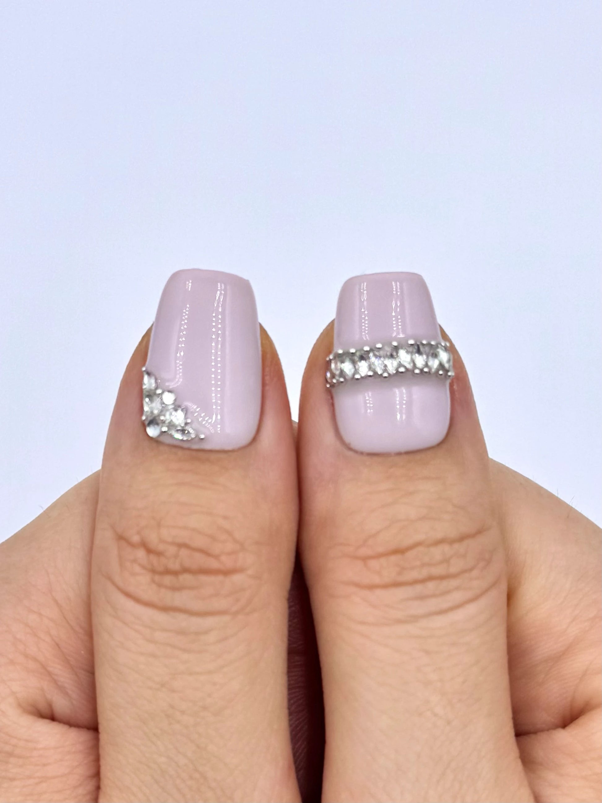 Soft Muted Baby Pink Nude Medium Square Coffin Press-On Nails with Asymmetrical Crystal Jewelry Design, Princess Nail Art