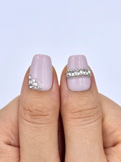 Soft Muted Baby Pink Nude Medium Square Coffin Press-On Nails with Asymmetrical Crystal Jewelry Design, Princess Nail Art