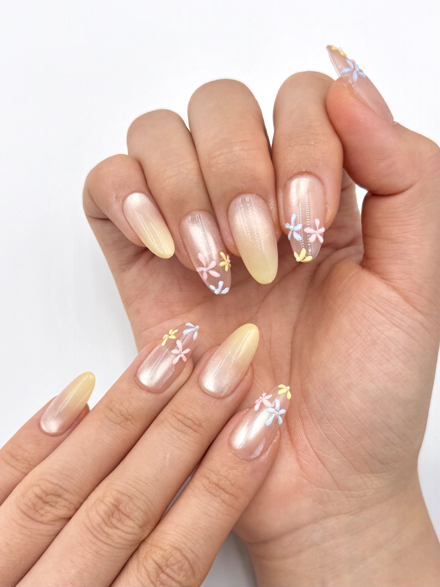 Glowy Soft Pink Nude Cat-Eye Almond Oval Press-On Nails with Butter Yellow Ombre and Handpainted Cute Colorful Flowers