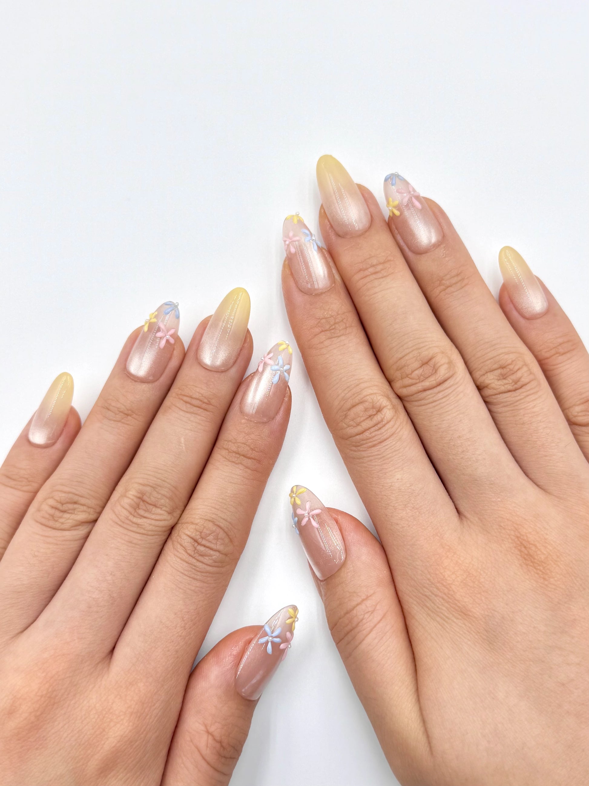 Glowy Soft Pink Nude Cat-Eye Almond Oval Press-On Nails with Butter Yellow Ombre and Handpainted Little Colorful Flowers