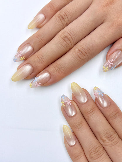 Glowy Pink Nude Cat-Eye Almond Oval Press-On Nails with Butter Yellow Ombre and Handpainted Dainty Flowers