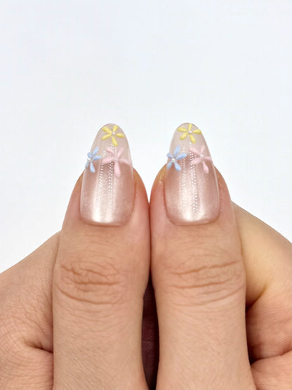Glowy Nude Cat-Eye Almond Oval Press-On Nails with Handpainted Dainty Flowers in Blue Yellow and Pink