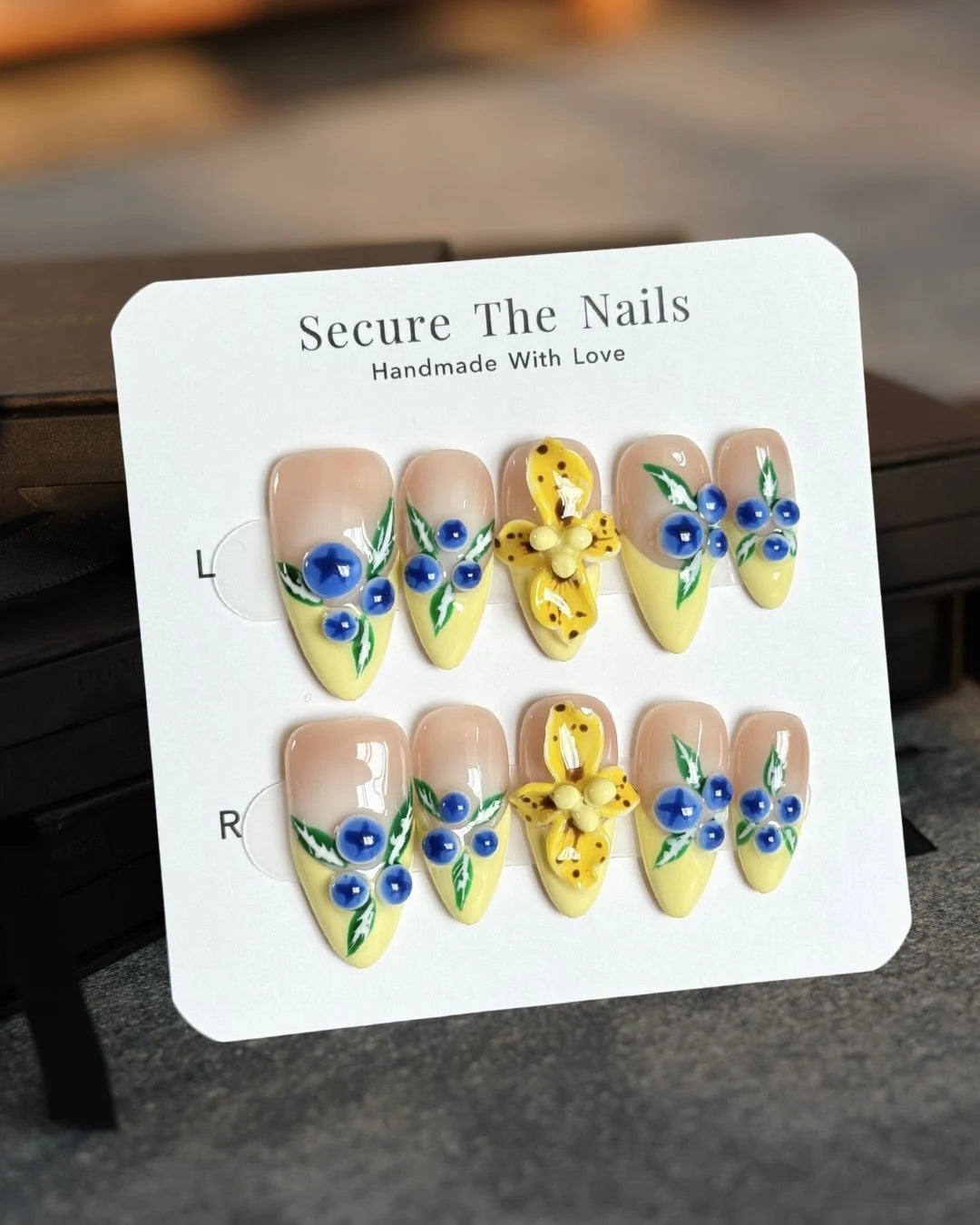Butter Yellow Nude French Tip 3D Gel Tropical Nail Art Design with Blueberries and Flowers