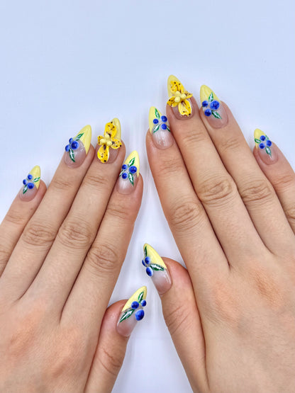 Nude Pastel Yellow French Tip 3D Gel Tropical Flower and Blueberry Nail Art Design Press-On Nails