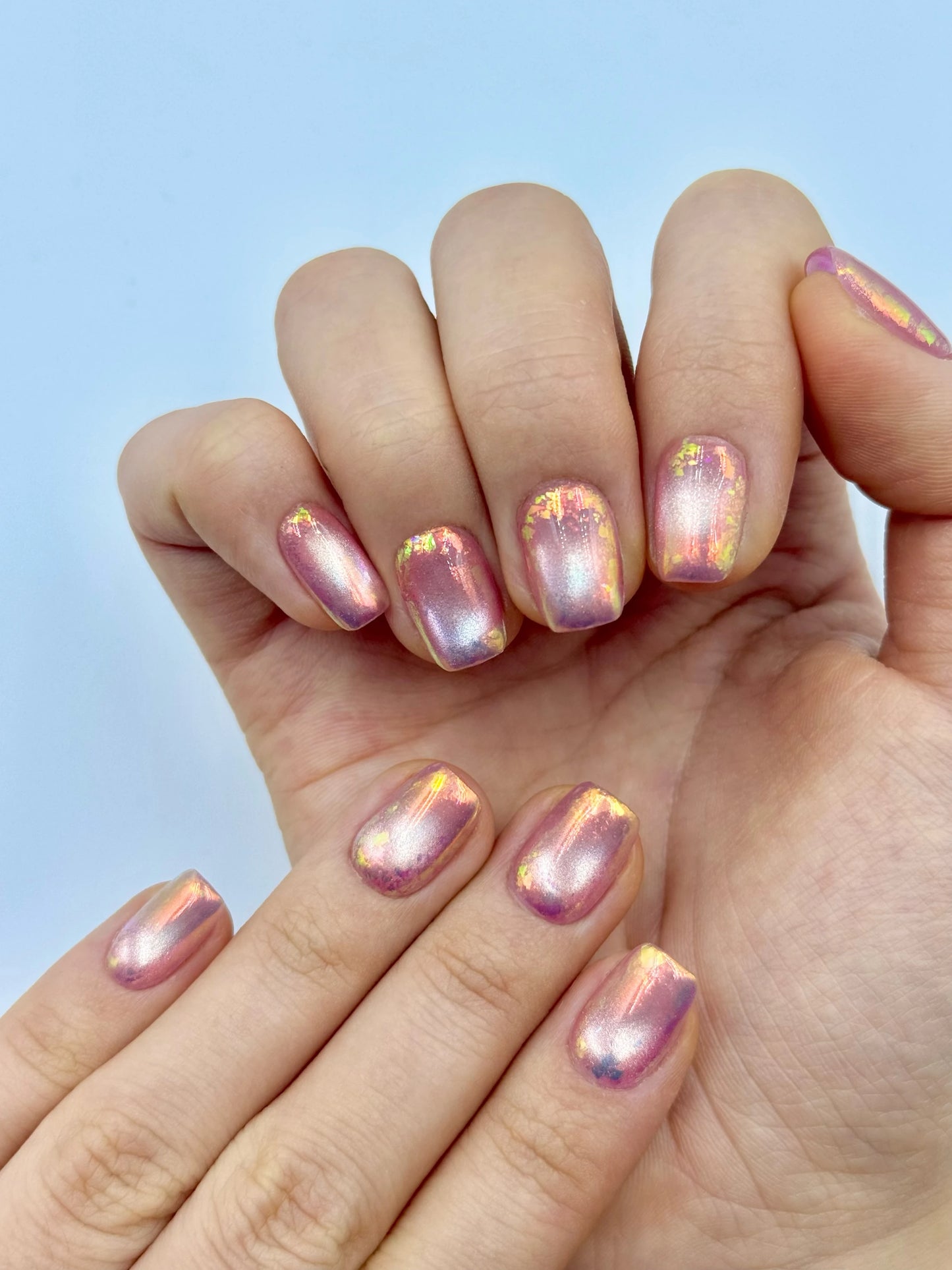 Clean Girl Glowy Pink Cat-Eye Iridescent Foil Short Square Press-On Nails, Reusable & Long-Lasting False Nail, 2026 New Nail Trend | Secure The Nails