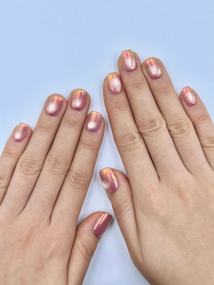 Soft Girl Glowy Pink Cat-Eye Iridescent Foil Short Square Press-On Nails for Small Nail Beds, Reusable & Long-Lasting False Nail| Secure The Nails