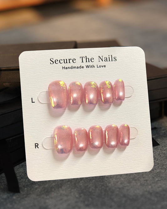 Soft Pink Glowy Cat-Eye Iridescent Foil Short Square Press-On Nails, Reusable & Long-lasting False Nail, 2026 New Nail Trend | Secure The Nails