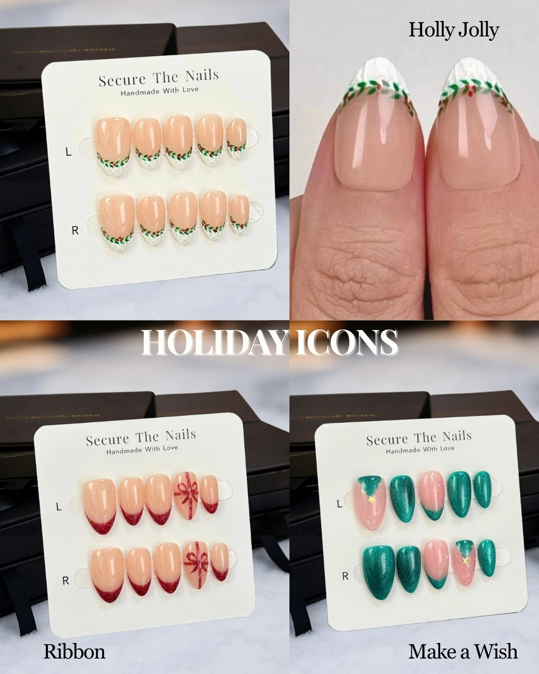 Holiday Value Bundle Festive Press-On Nails for Holiday and Christmas, Classic French Tip Nail Design with Glitter Ribbons, Christmas Tree, Snow and Wreath | Secure The Nails