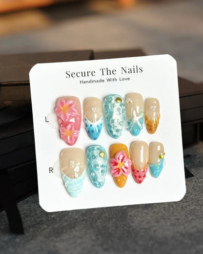Colorful 3D Tropical Starfish Pink Floral Almond Press-On Nails