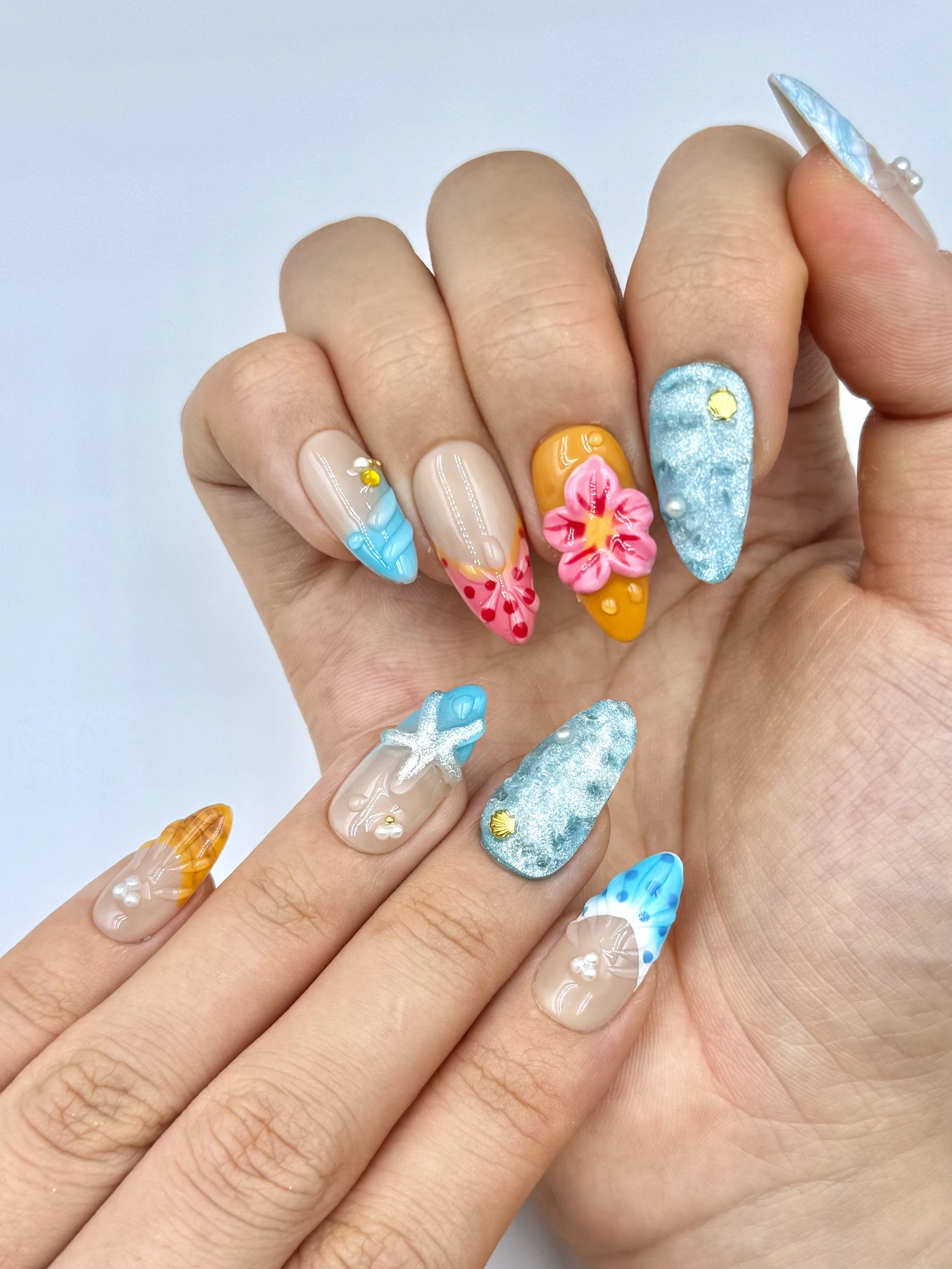 Colorful 3D Tropical Starfish Pink Floral Blue French Tip Polka Dot Almond Press-On Nails