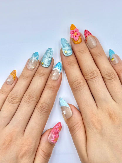 3D Beachy Tropical Starfish Nail Art, Pink Floral Blue French Tip Polka Dot Almond Press-On Nail