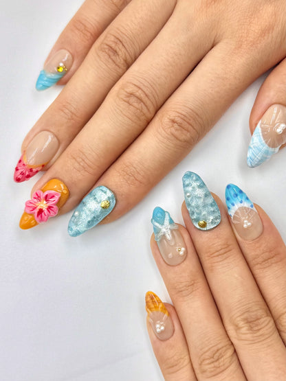 Colorful 3D Gel Tropical Starfish Nail Art, Pink Floral Blue French Tip Polka Dot Pearl Almond Press-On Nail