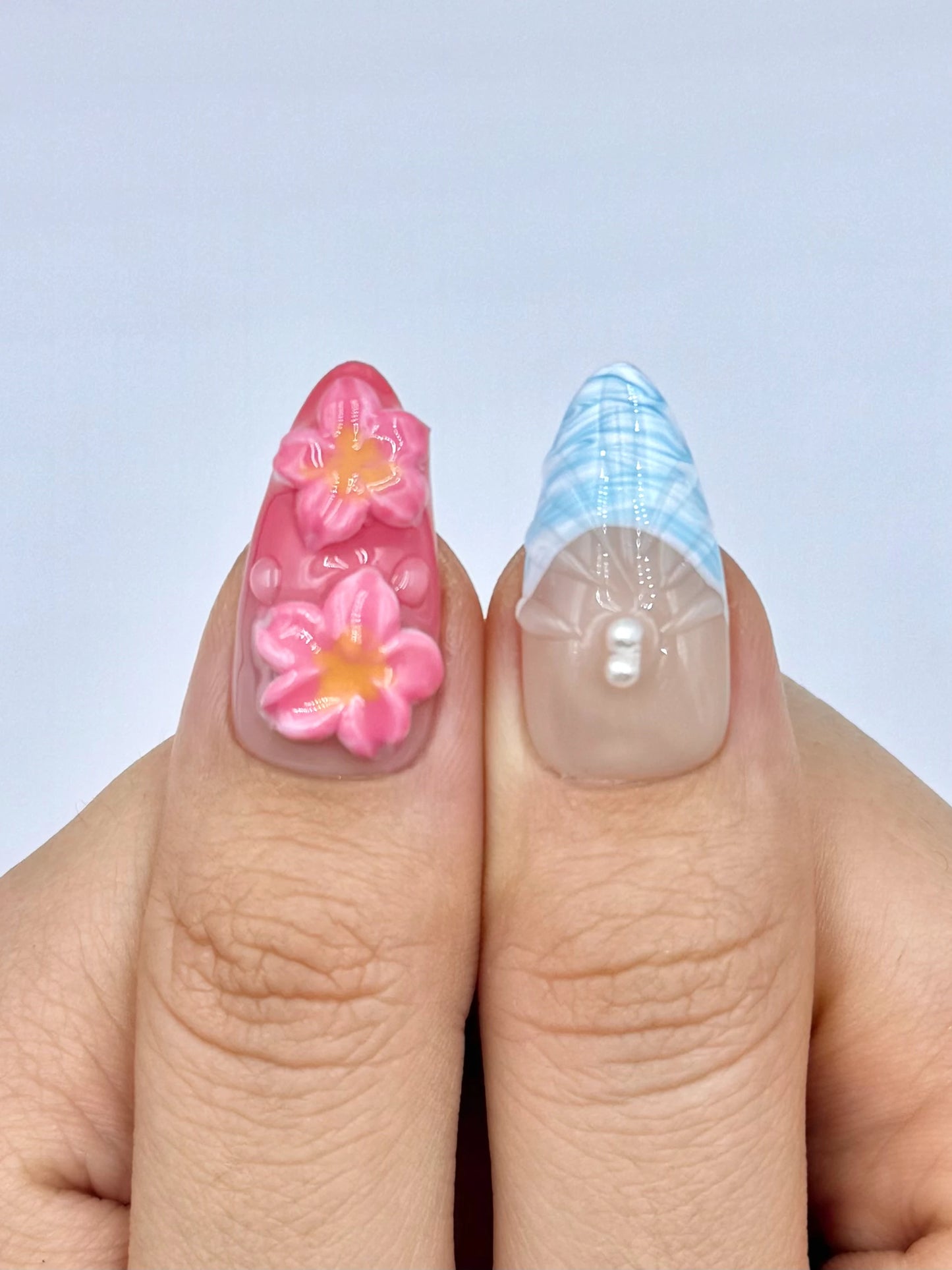 3D Gel Pink Tropical Flower Blue French Tip Pearl Almond Press-On Nail