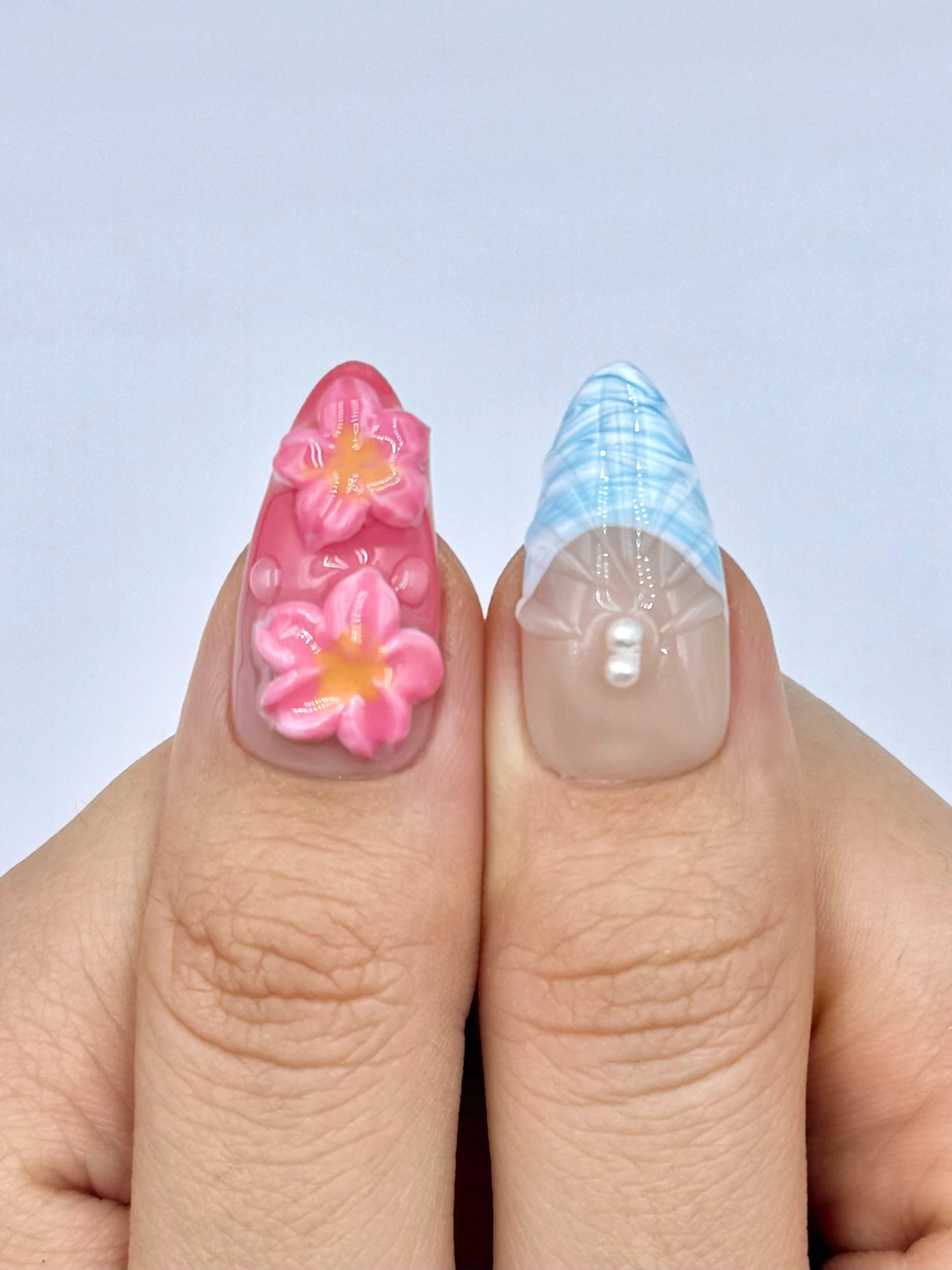 3D Gel Pink Tropical Flower Blue French Tip Pearl Almond Press-On Nail