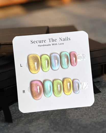 Handmade Colorful Bright Oval Round Cat-Eye Press-On Nail, Unique Color-Shifting Nail Art Design, Long-Lasting Reusable Press-Ons | Secure The Nails