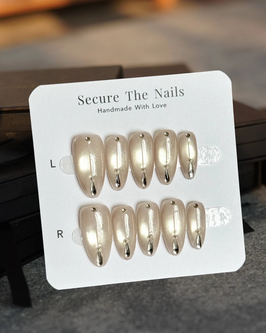 Beige Nude Glowy Cat-Eye Crystal Jewelry Almond Press-On Nails, Handmade Long-Lasting Reusable False Nail | Secure The Nails