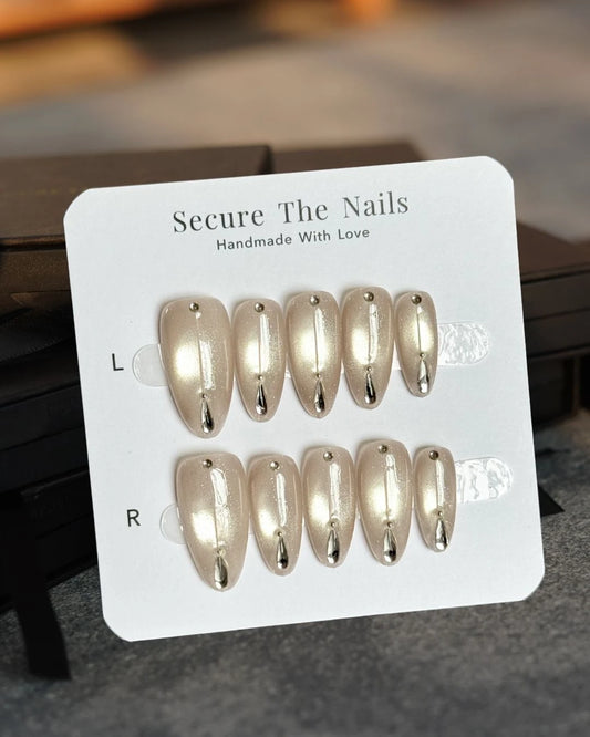 Beige Nude Glowy Cat-Eye Crystal Jewelry Almond Press-On Nails, Handmade Long-Lasting Reusable False Nail | Secure The Nails