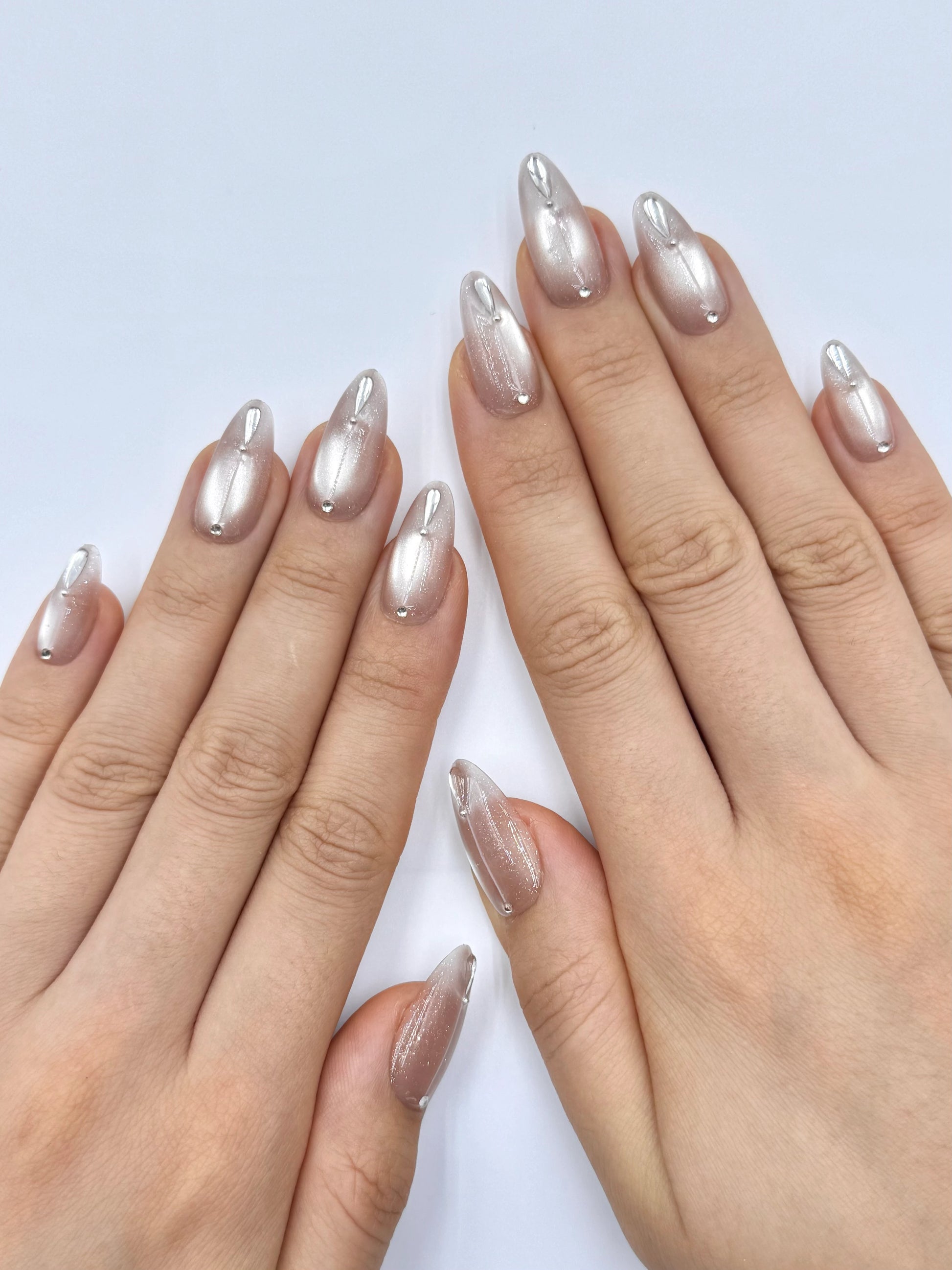 Elegant Glowy Nude Cat-Eye Almond Press-On Nails with Shiny Crystal Jewelry, Handmade Long-Lasting Reusable False Nail, Princess Nail 2026| Secure The Nails