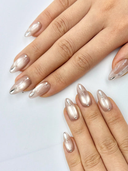 Crystal Dew Elegant Glowy Nude Shimmery Cat-Eye Almond Press-On Nails, Handmade Long-Lasting Reusable False Nail, Princess Nail 2026| Secure The Nails
