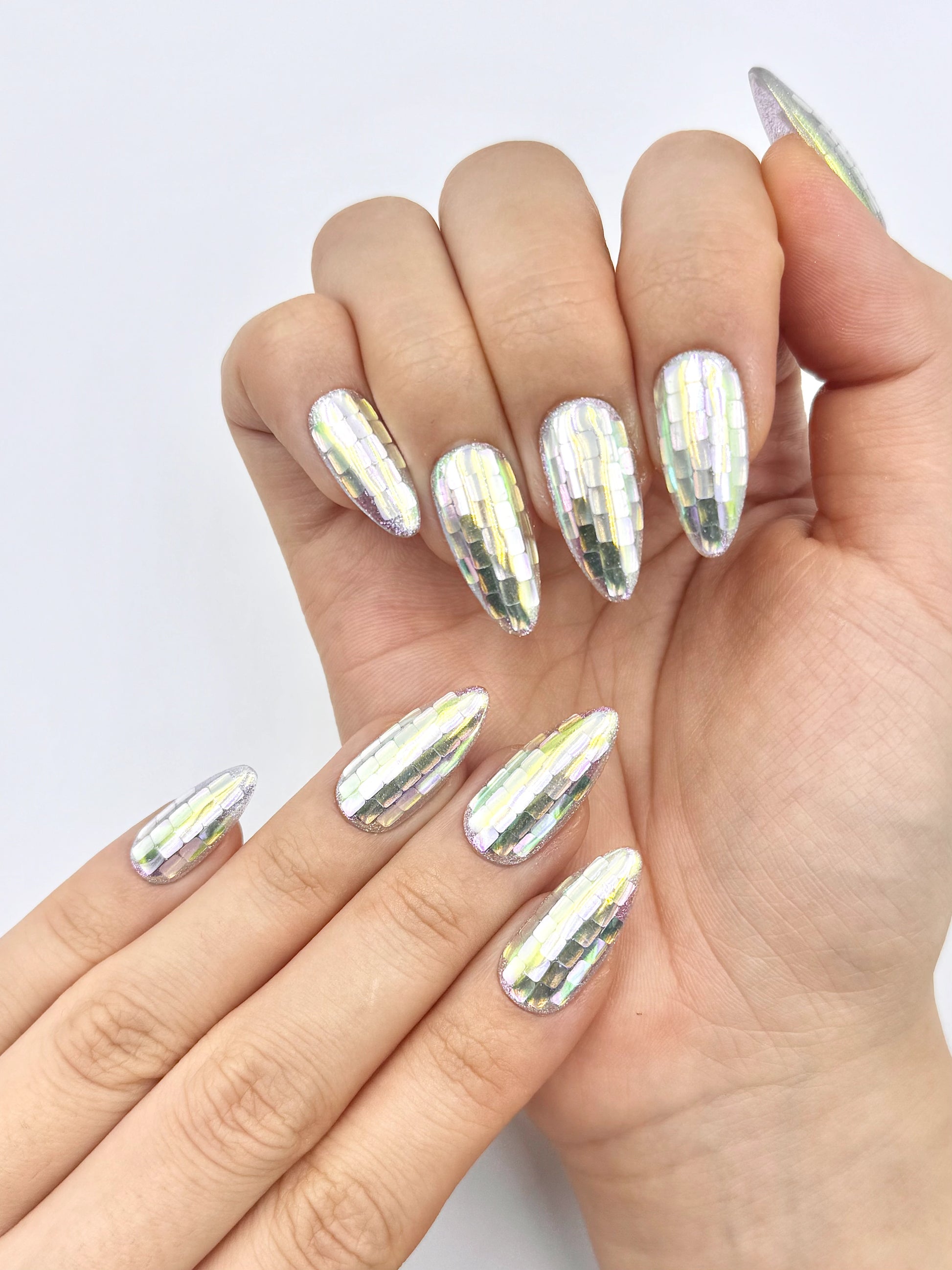 Viral AI Mosaic Iridescent Disco Ball Handmade Almond Press-On Nails, Reusable & Long-Lasting False Nail | Secure The Nails