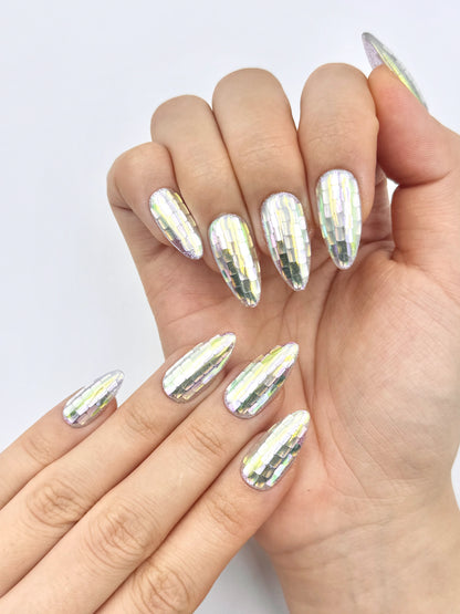 Viral AI Mosaic Iridescent Disco Ball Handmade Almond Press-On Nails, Reusable & Long-Lasting False Nail | Secure The Nails