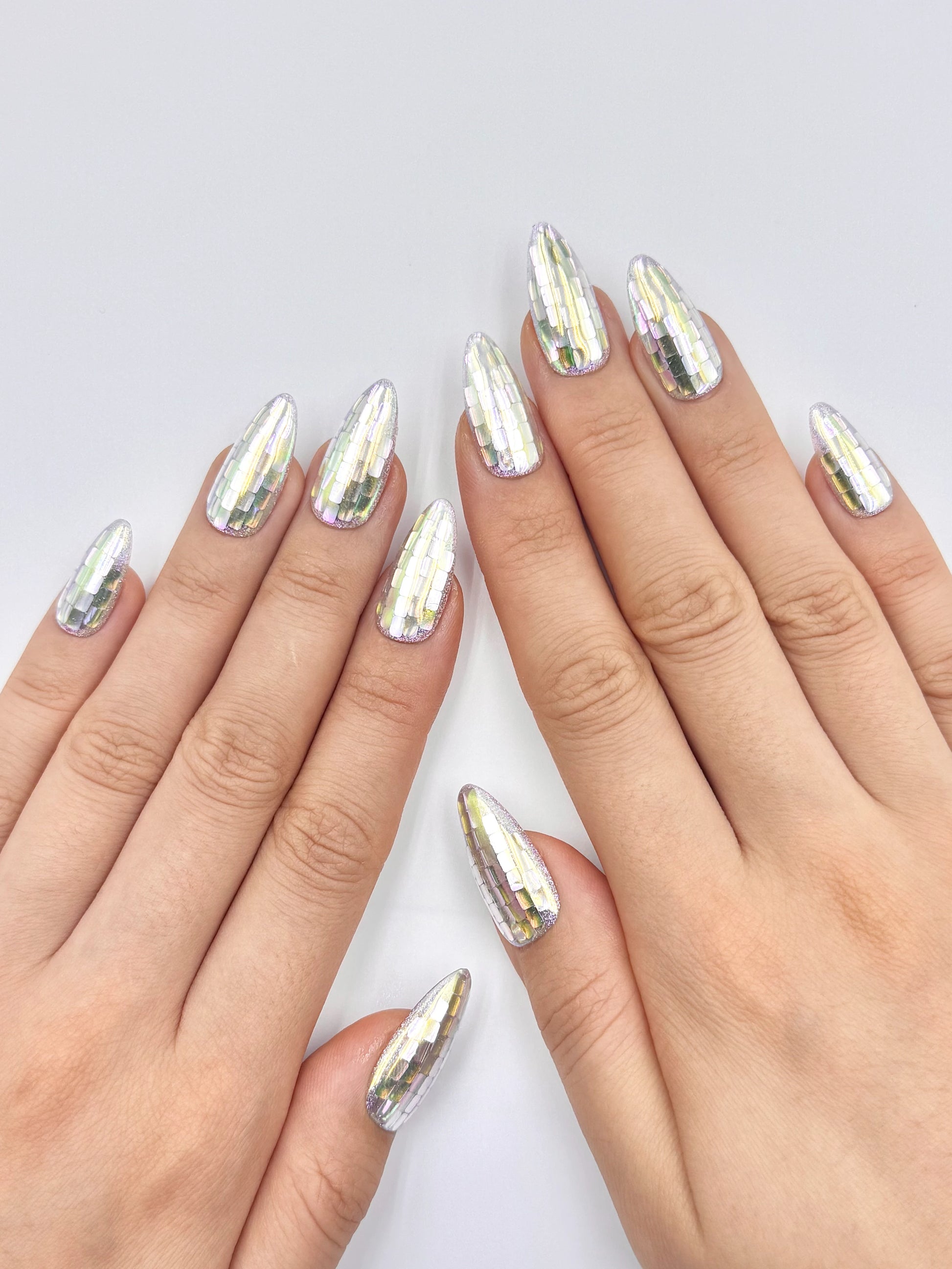 Handmade Viral Futuristic Mosaic Iridescent Reflective Disco Ball Almond Press-On Nails, Reusable & Long-Lasting False Nail | Secure The Nails