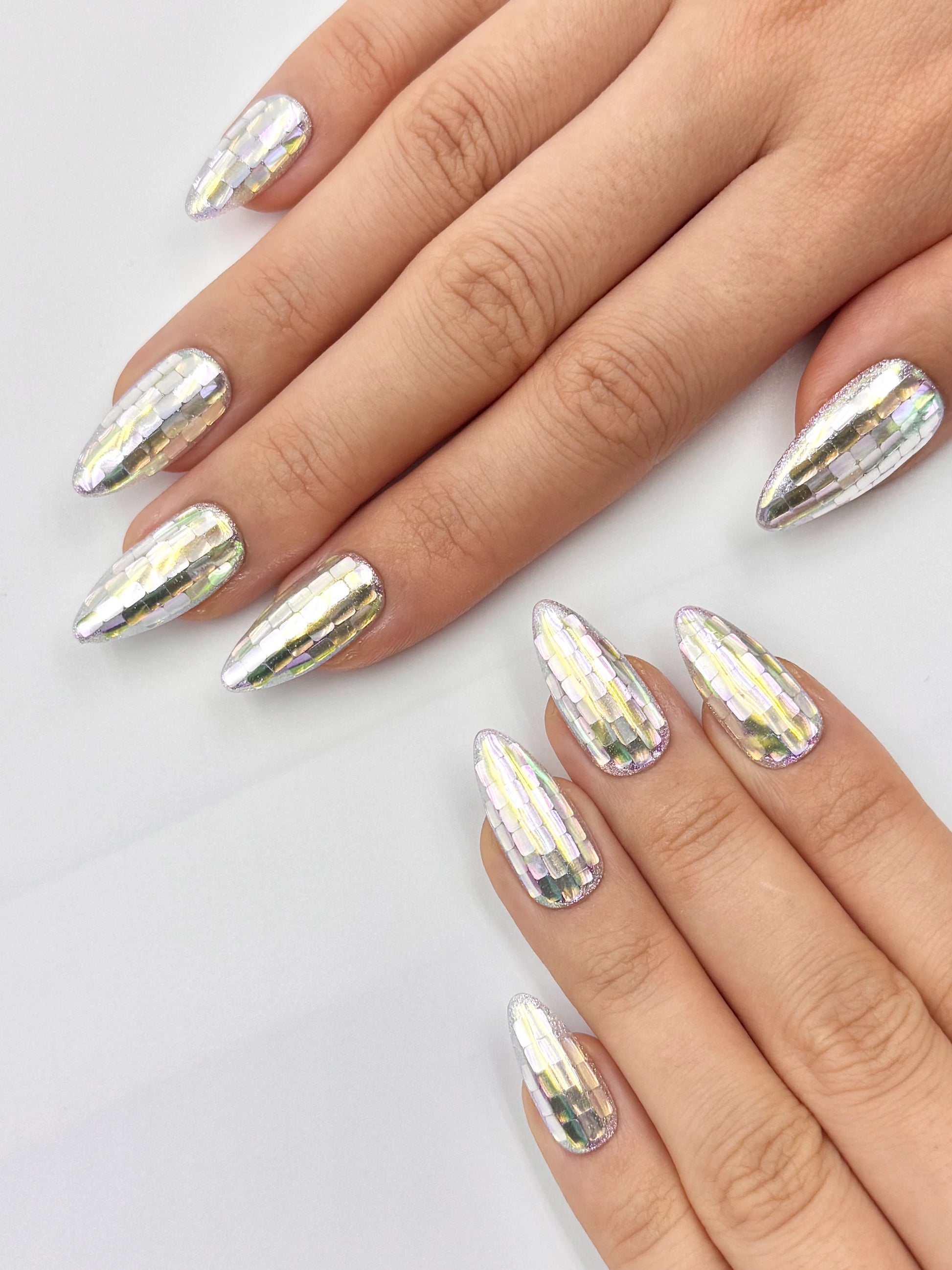 Viral Cyberpunk Mosaic Holographic Reflective Disco Ball Almond Press-On Nails, Handmade Reusable & Long-Lasting False Nail | Secure The Nails