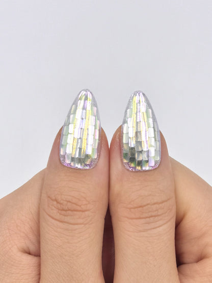 Handmade Viral Futuristic Mosaic Iridescent Reflective Disco Ball Almond Short Square Press-On Nails, Reusable & Long-Lasting False Nail | Secure The Nails