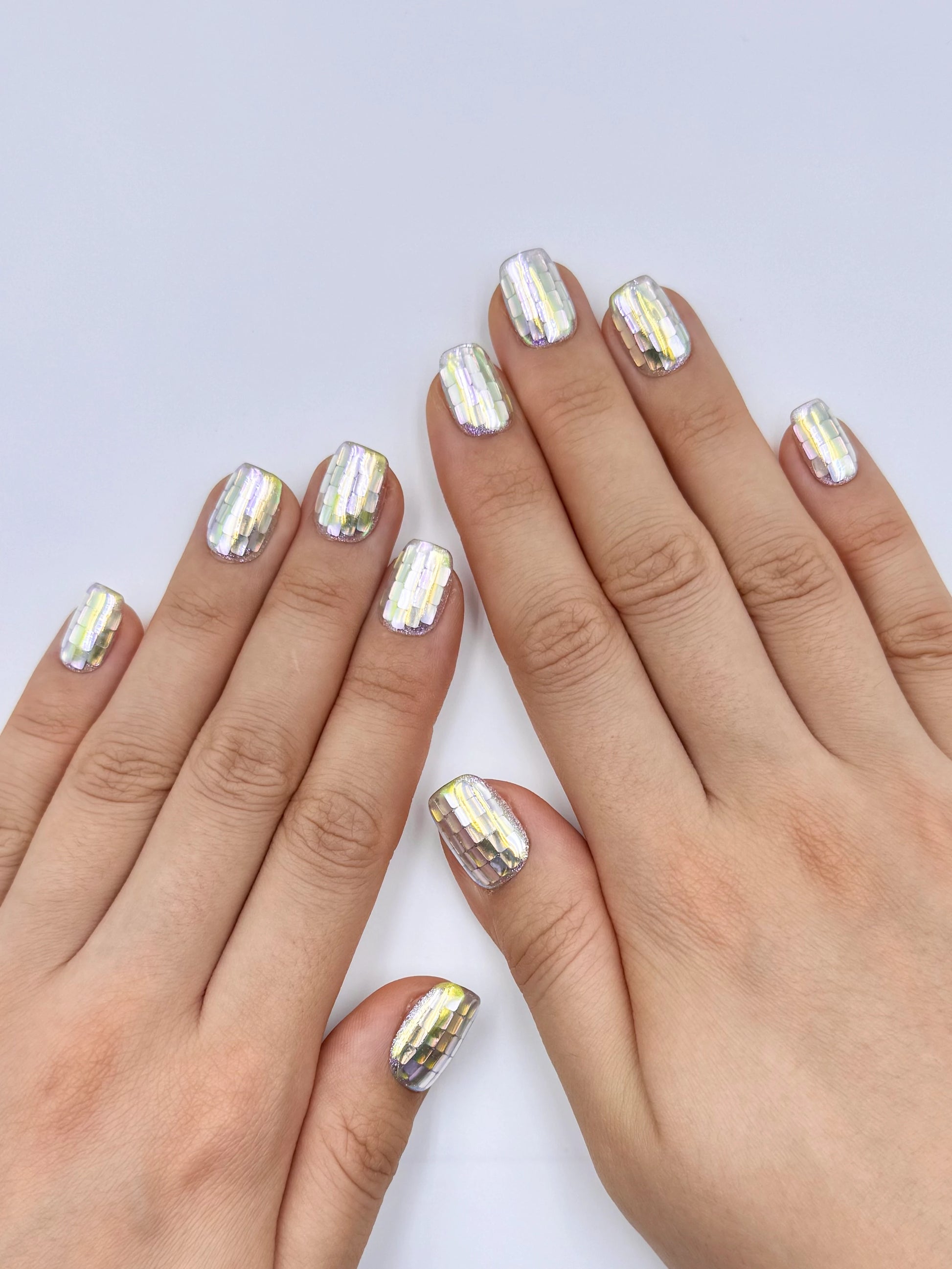 Viral AI Mosaic Iridescent Reflective Disco Ball Short Square Press-On Nails, Handmade Reusable & Long-Lasting False Nail | Secure The Nails