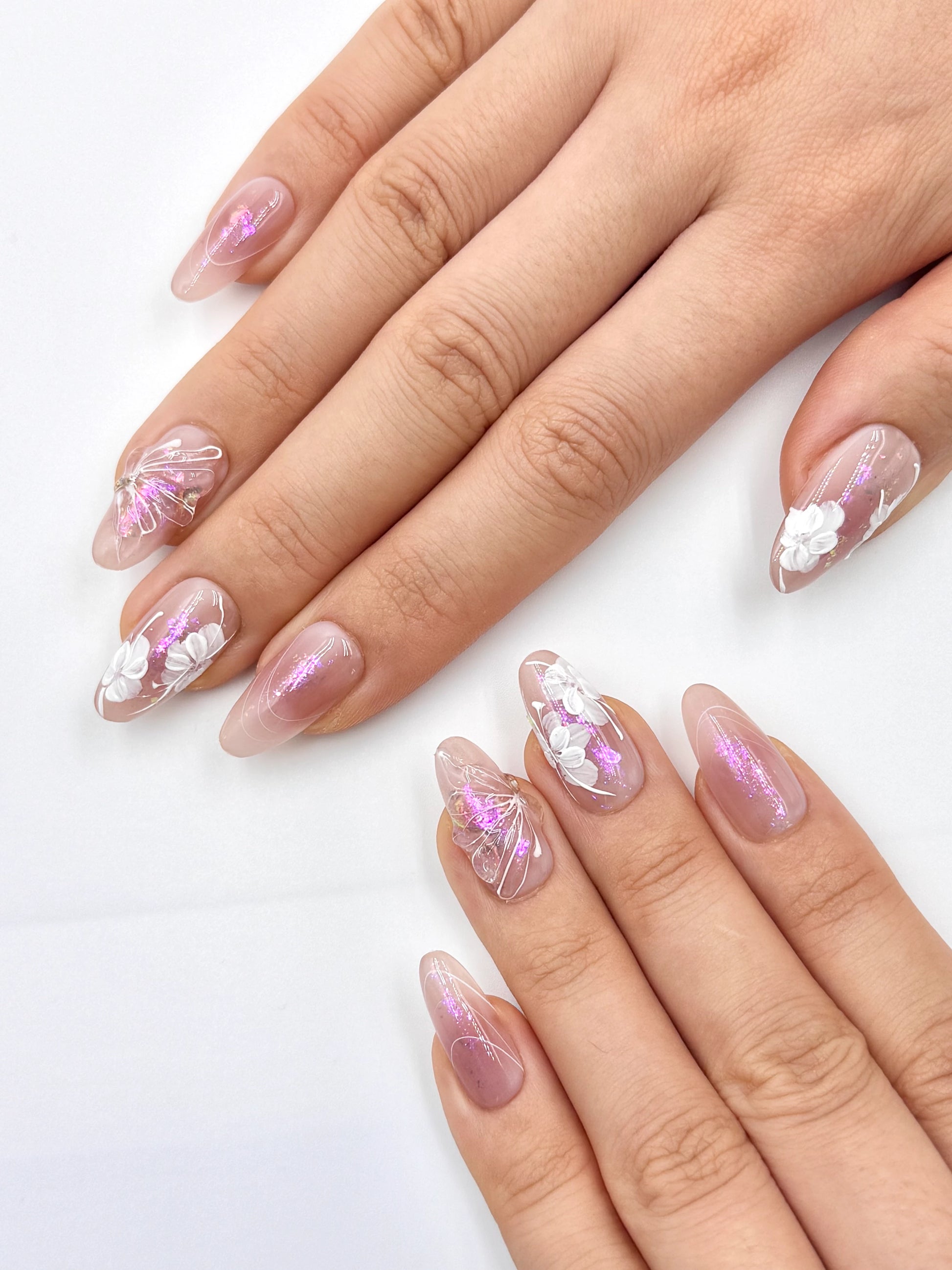 Soft Mauve Nude Almond Oval Press-On Nails with Handpainted White Petal, Pink Iridescent Shimmer and 3D Gel Butterfly Wing