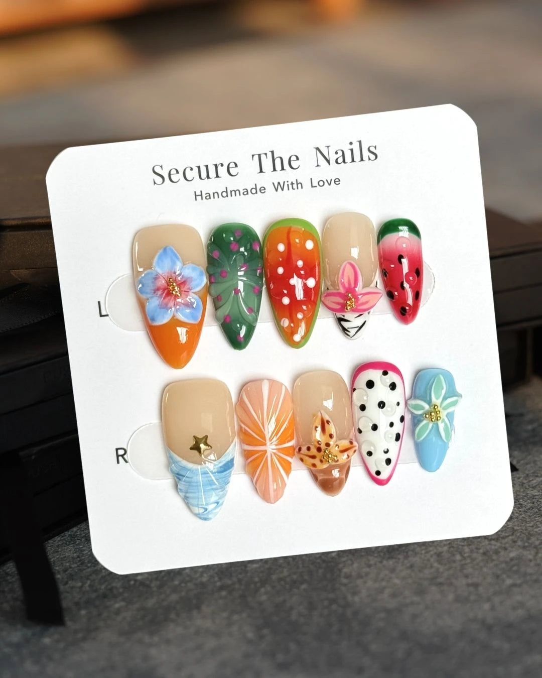 Tropical Fruit Colorful Almond Press-On Nails with 3D Florals