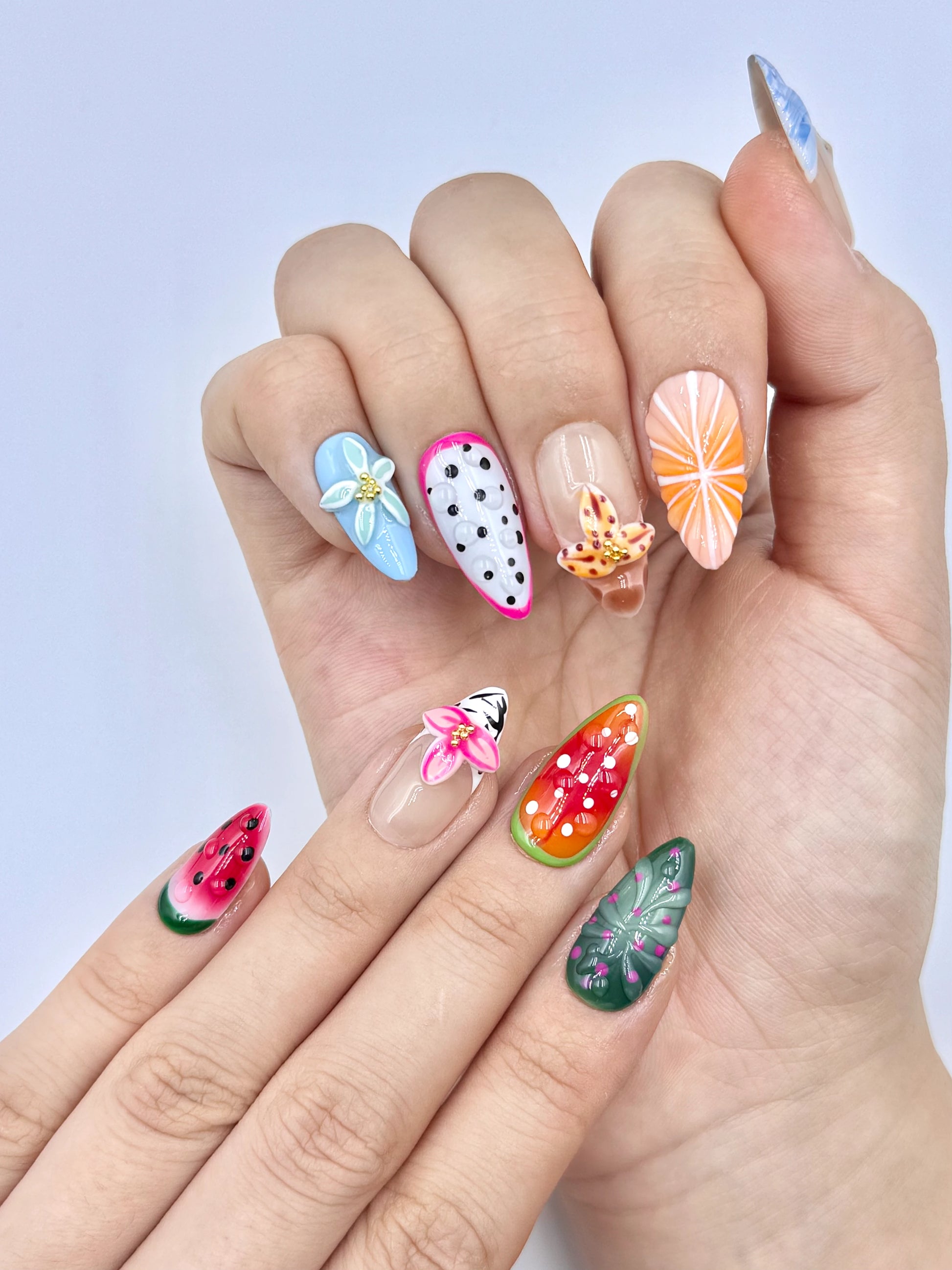 Colorful Tropical Fruit Almond Press-On Nails with 3D Gel Florals