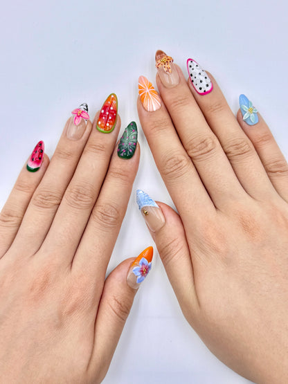 Colorful Tropical Fruit Almond Press-On Nails with 3D Gel Flowers, Papaya Kiwi Watermelon Dragonfruit