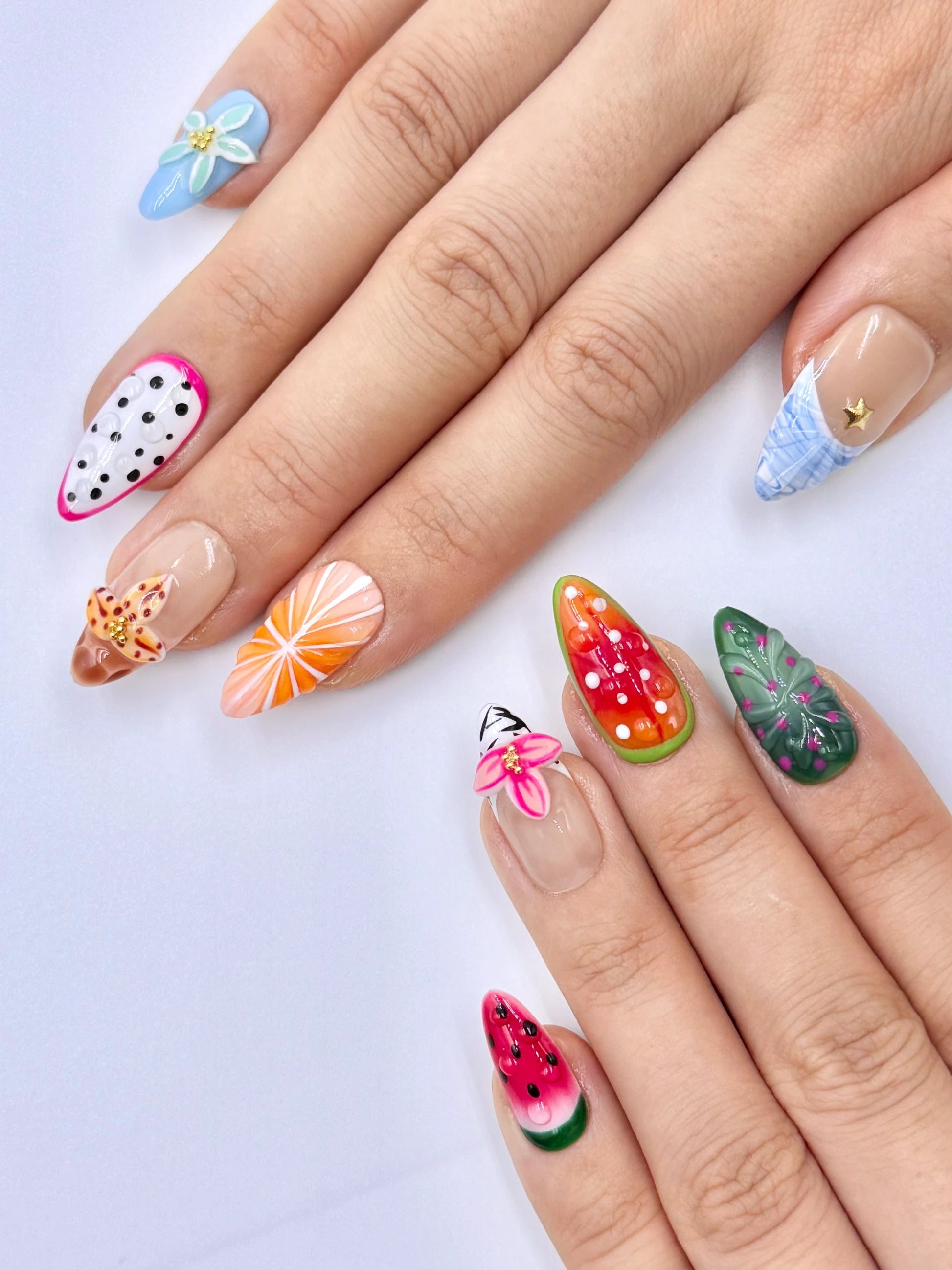 Bright Tropical Fruit Colorful Almond Press-On Nail with 3D Gel Flowers, Papaya Kiwi Watermelon Dragonfruit