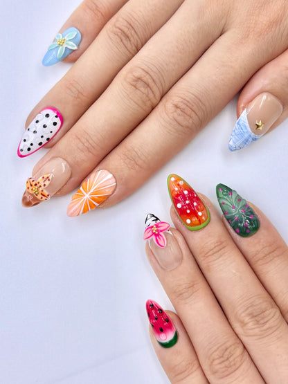 Bright Tropical Fruit Colorful Almond Press-On Nail with 3D Gel Flowers, Papaya Kiwi Watermelon Dragonfruit