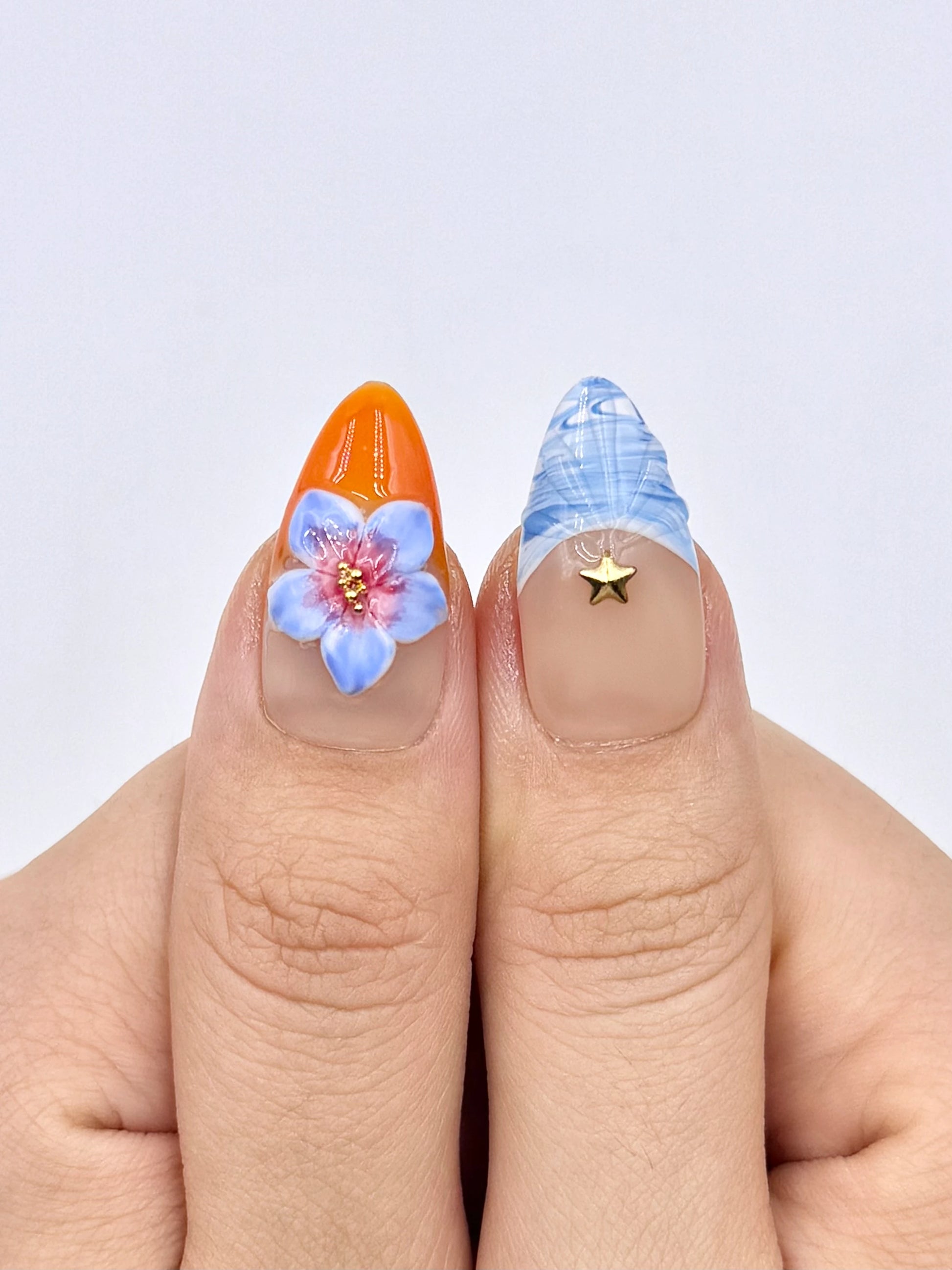 Colorful Tropical Almond Press-On Nails with 3D Gel Flower, Fruit-Inspired Nail Art