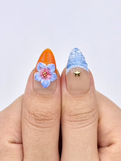 Colorful Tropical Almond Press-On Nails with 3D Gel Flower, Fruit-Inspired Nail Art