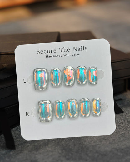 Viral Ultra-Reflective Mirror Glass Holographic Foil Color-Shifting Silver Chrome Short Square Reusable Press-On Nails, 2026 Unique Nail Art Design | Secure The Nails