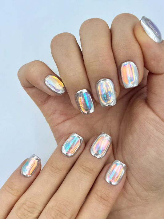 Futuristic Mirror Glass Reflective Holographic Foil Color-Shifting Silver Chrome Short Square Reusable Press-On Nails, 2026 Viral Nail Art Design | Secure The Nails