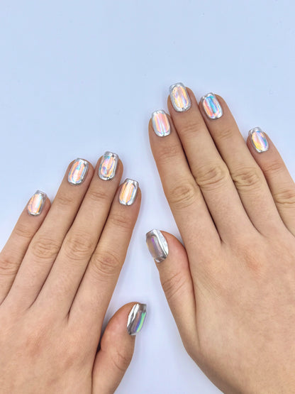 Unique Reflective Mirror Glass Iridescent Holographic Foil Press-On Nails, Color-Shifting Silver Chrome Short Square Reusable False Nail, 2026 Viral Nail Art Design | Secure The Nails