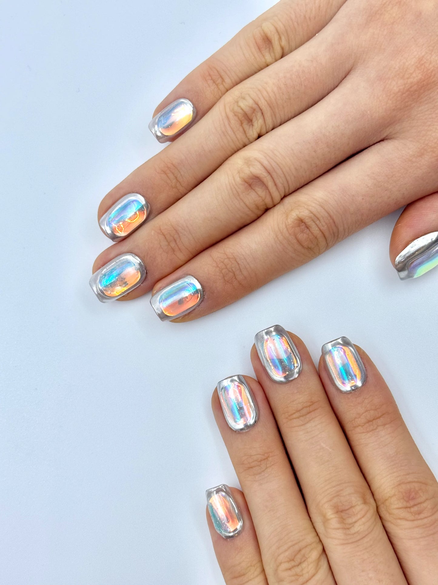 Viral Ultra-Reflective Silver Chrome Mirror Glass Iridescent Holographic Foil Press-On Nails, Reusable & Long-Lasting Color-Shifting Short Square False Nail, 2026 Trendy Nail Art Design | Secure The Nails