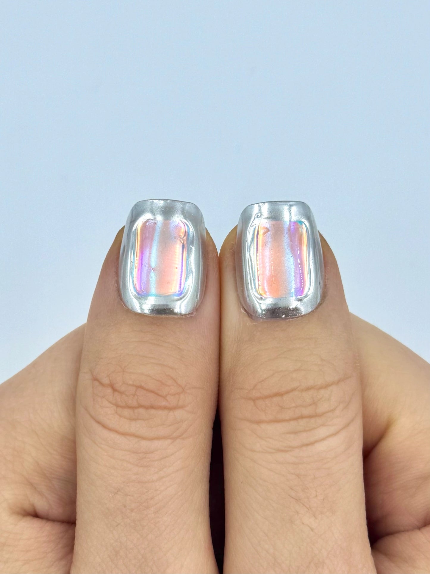 Viral Futuristic Silver Chrome Mirror Glass Iridescent Holographic Foil Press-On Nails in Short Square, Reusable & Long-Lasting False Nail, 2026 Trendy Nail Art Design | Secure The Nails