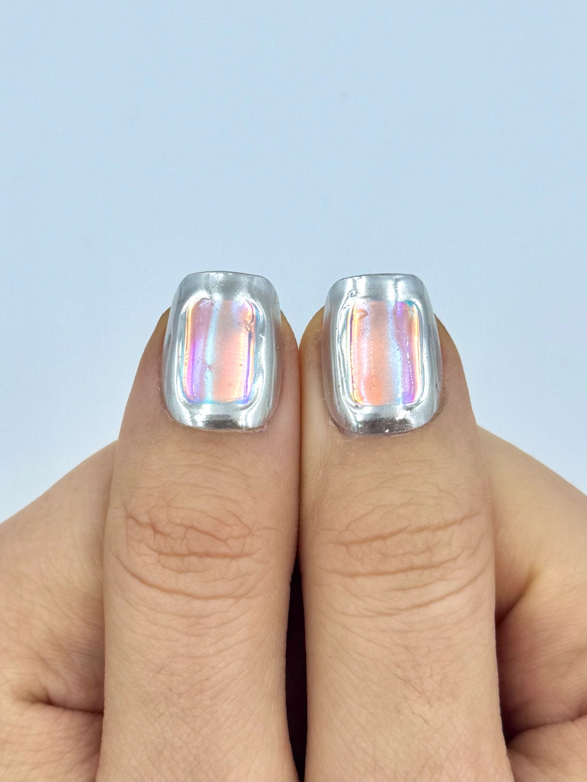 Viral Futuristic Silver Chrome Mirror Glass Iridescent Holographic Foil Press-On Nails in Short Square, Reusable & Long-Lasting False Nail, 2026 Trendy Nail Art Design | Secure The Nails